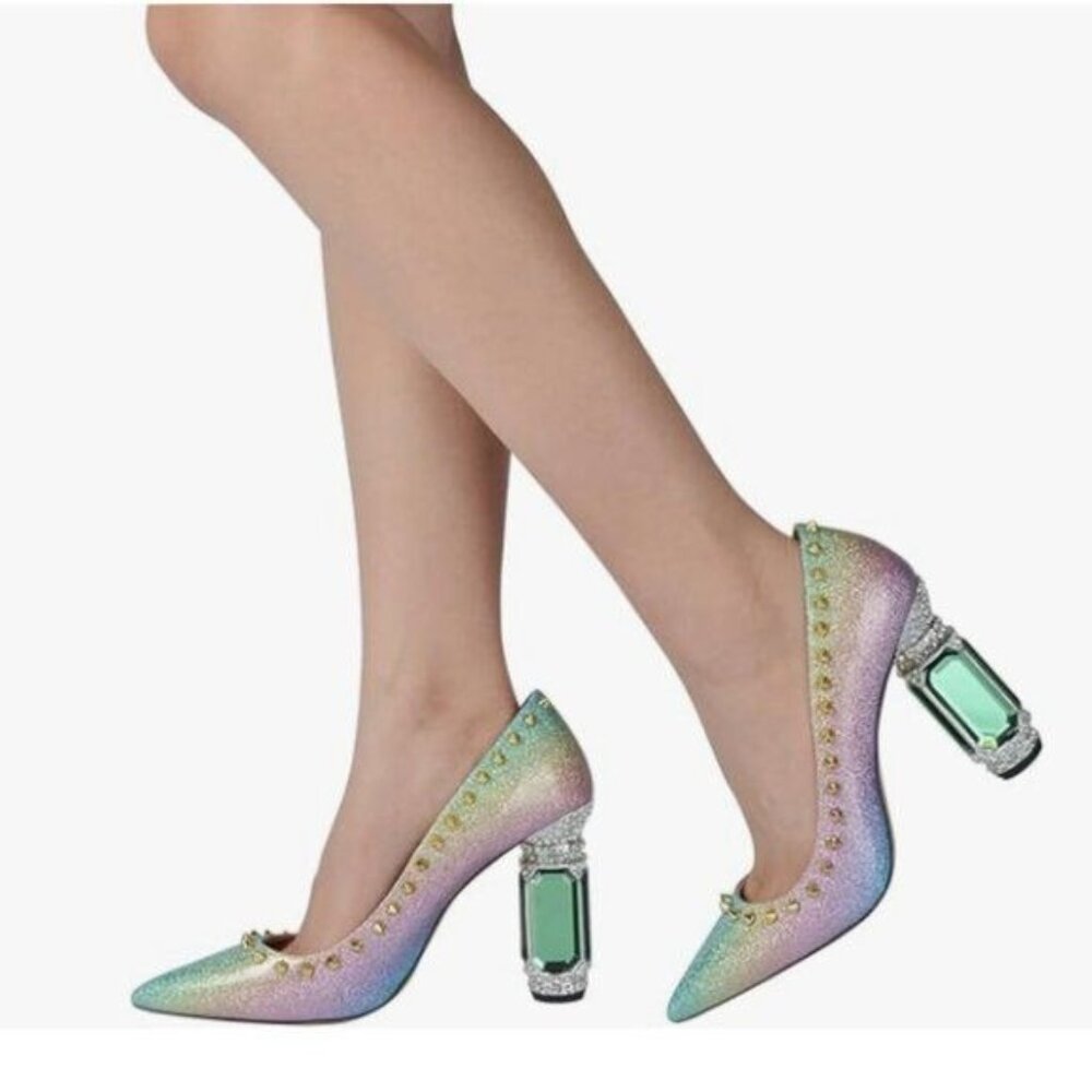 Iridescent Gem Block Heel Pumps - Pastel Rainbow